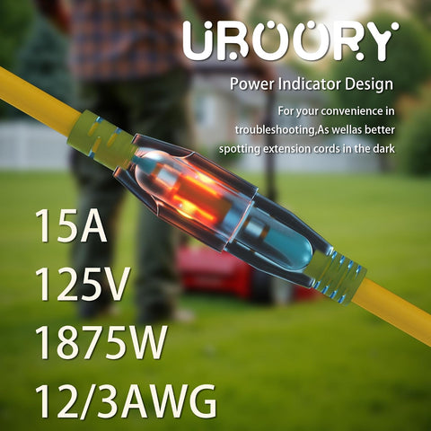 Outdoor Extension Cord Waterproof 100 FT, Yellow 12/3 SJTW Heavy Duty, Flexible 100% Copper 3 Prong Extension Cord for Lawn, Garage