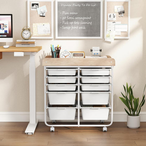 Giantex Rolling Storage Cart with 10 Drawers, Utility Cart w/Wooden Tabletop, Handle, Lockable Wheels, Multipurpose Organizer for Art Craft Scrapbooks Paper, Drawer Carts for Dorm School Office, White