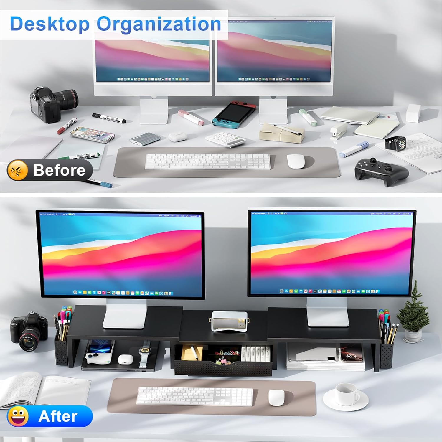 gianotter Dual Monitor Stand Riser With Drawer and 2 Pen Holders