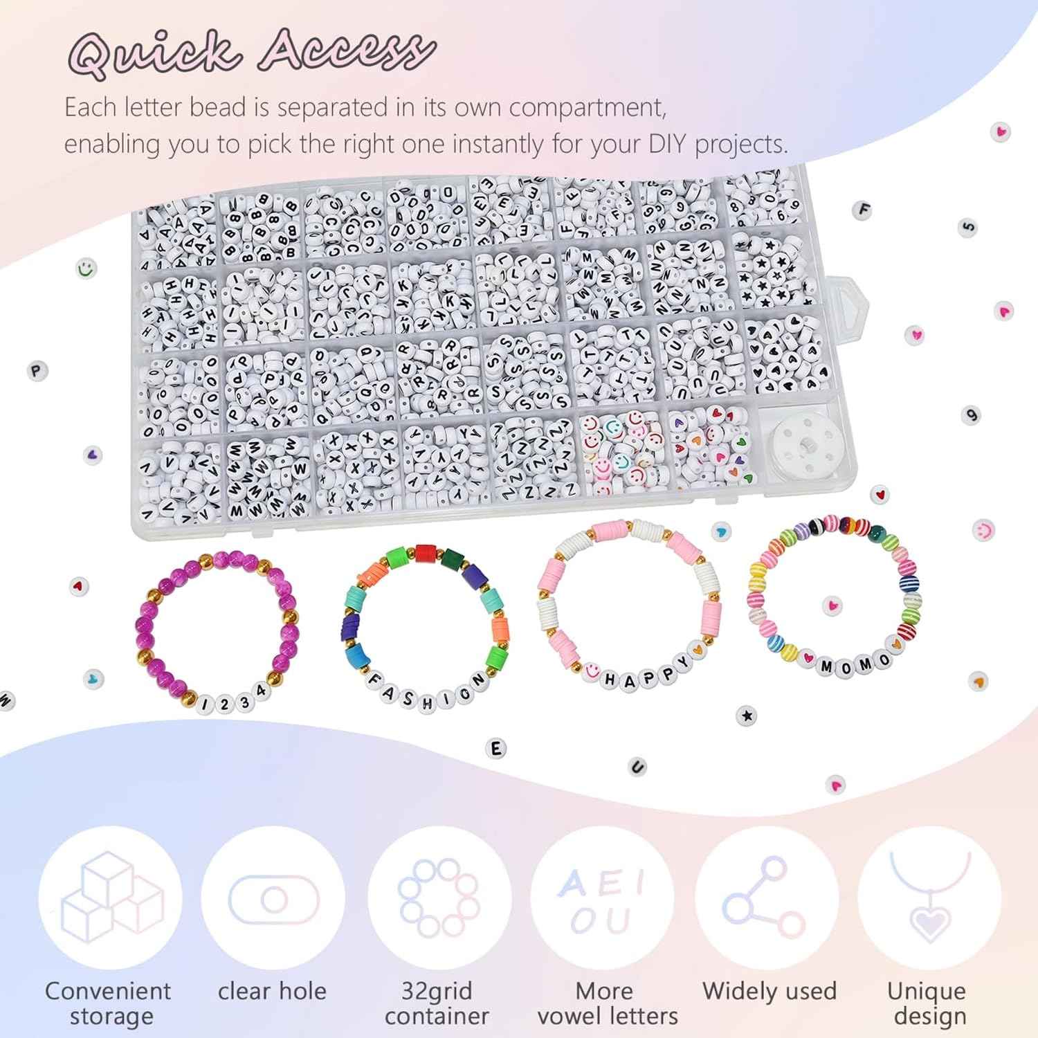 Amaney 1600pcs Acrylic Alpabet Letter Beads,31 Styles,Heart,Number,Star and Smiley Beads,4x7mm for Jewelry Making Bracelets Necklaces Key Chains