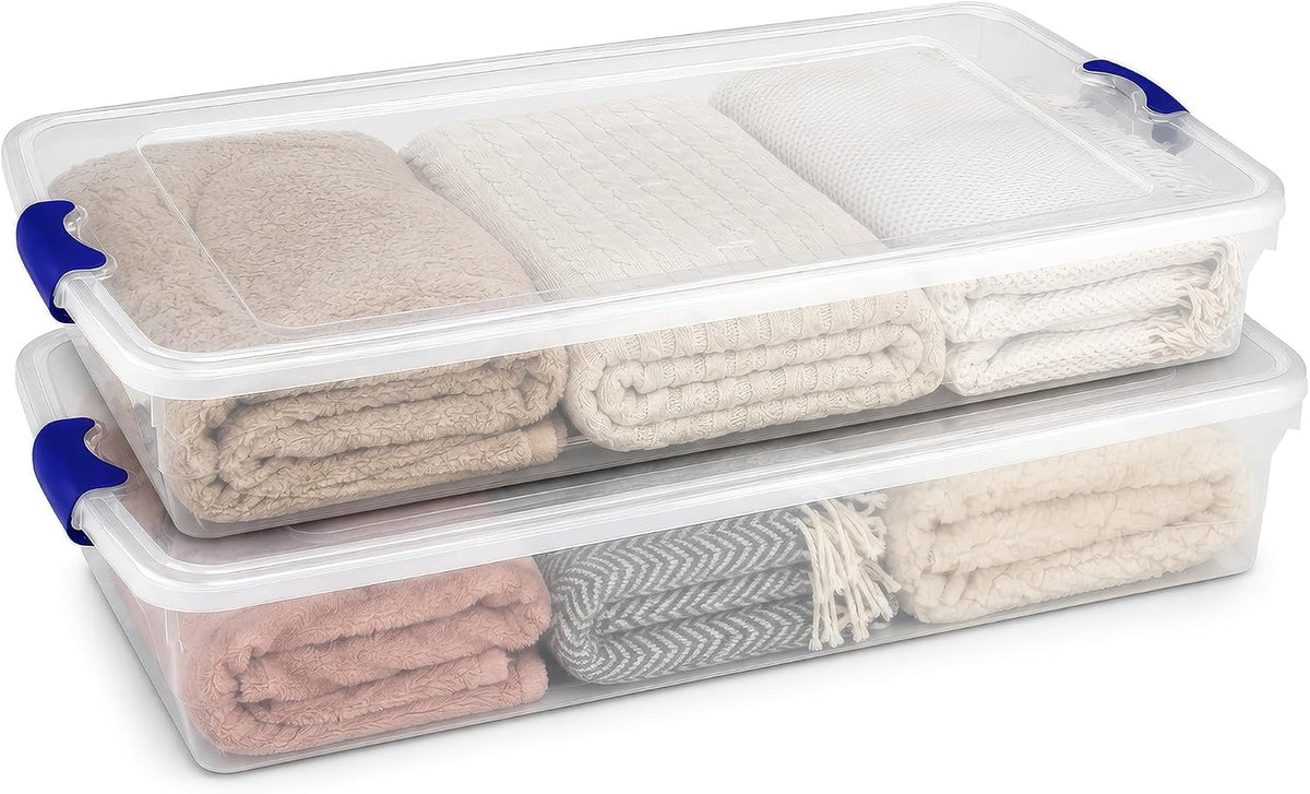 HOMZ Under Bed Clear Plastic Storage Bin w/Lid, 60 Qt, Blue Latch, 2 Pack