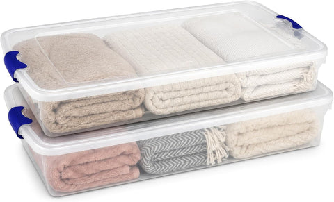 HOMZ Under Bed Clear Plastic Storage Bin w/Lid, 60 Qt, Blue Latch, 2 Pack