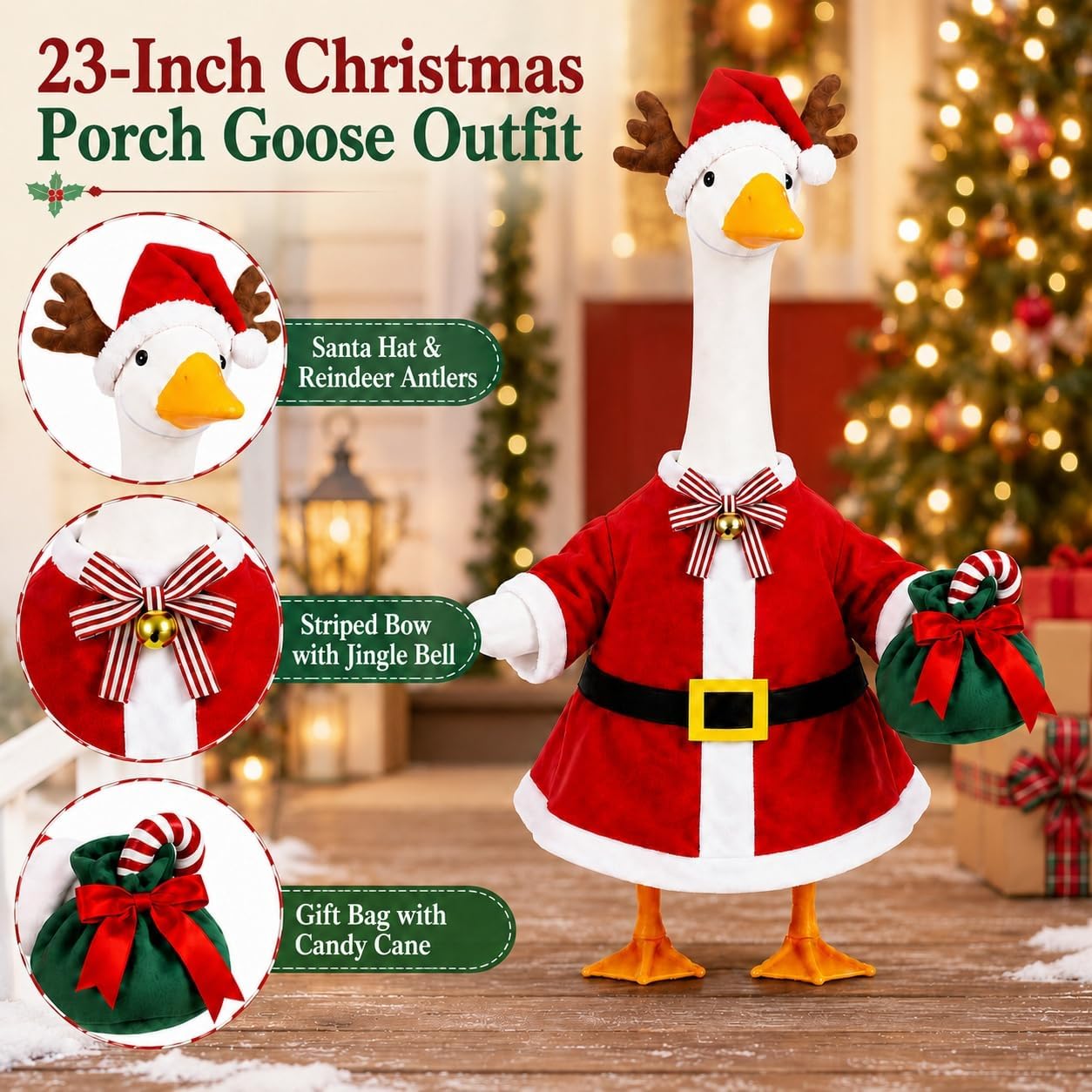 STONESTAR Christmas Porch Goose Outfits for 23" Goose Statue, Red Santa Coat with Antler Hat Jingle Bell Bow Tie Candy Cane Gift Bag Goose Costume for Patio Yard Xmas Santa Holiday Decor