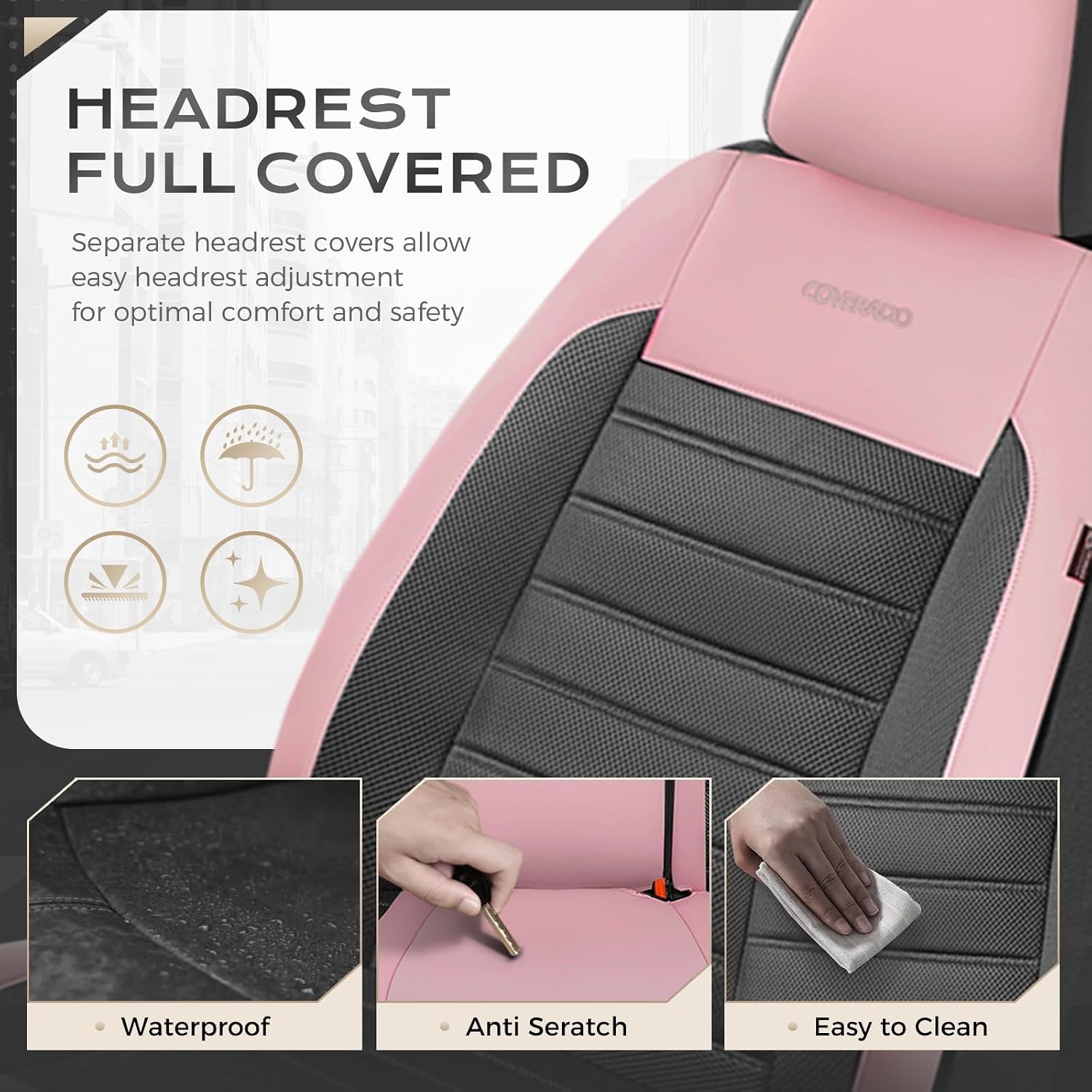 Coverado Car Seat Covers Full Set, Luxury Leather Car Seat Covers, Automotive Front and Rear Mesh Seat Covers, Full Set 5 Seats, Pink Black Seat Covers for SUV Sedan Truck