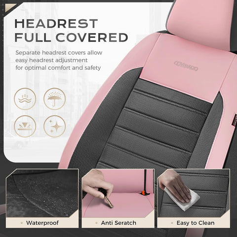 Coverado Car Seat Covers Full Set, Luxury Leather Car Seat Covers, Automotive Front and Rear Mesh Seat Covers, Full Set 5 Seats, Pink Black Seat Covers for SUV Sedan Truck