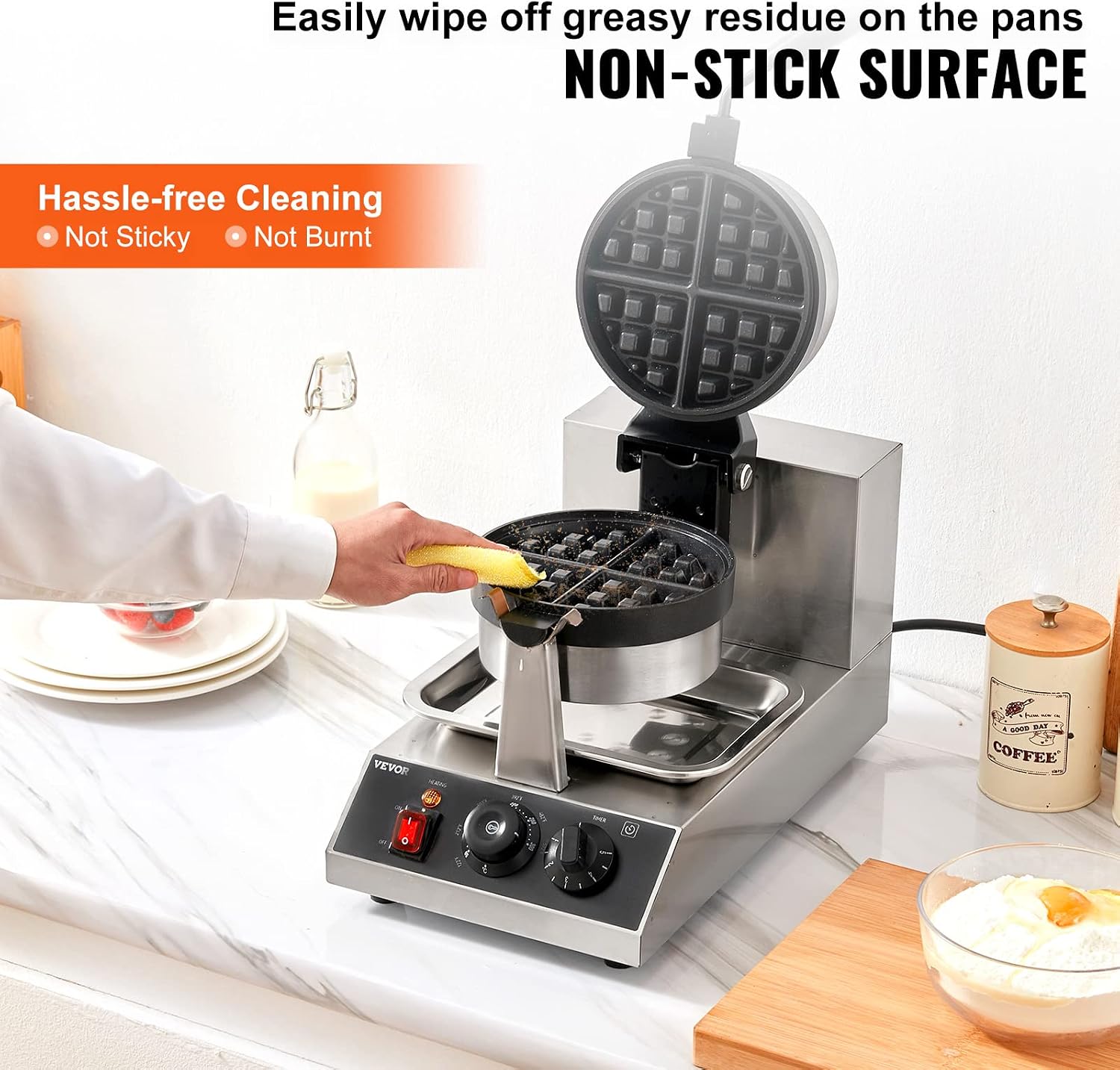 VEVOR Commercial Waffle Maker, 1300W Round Waffle Iron, Non-Stick Rotatable Waffle Baker Machine With 122-572℉ Temp Range and Time Control, Teflon-Coated Baking Pan Stainless Steel Body 110V