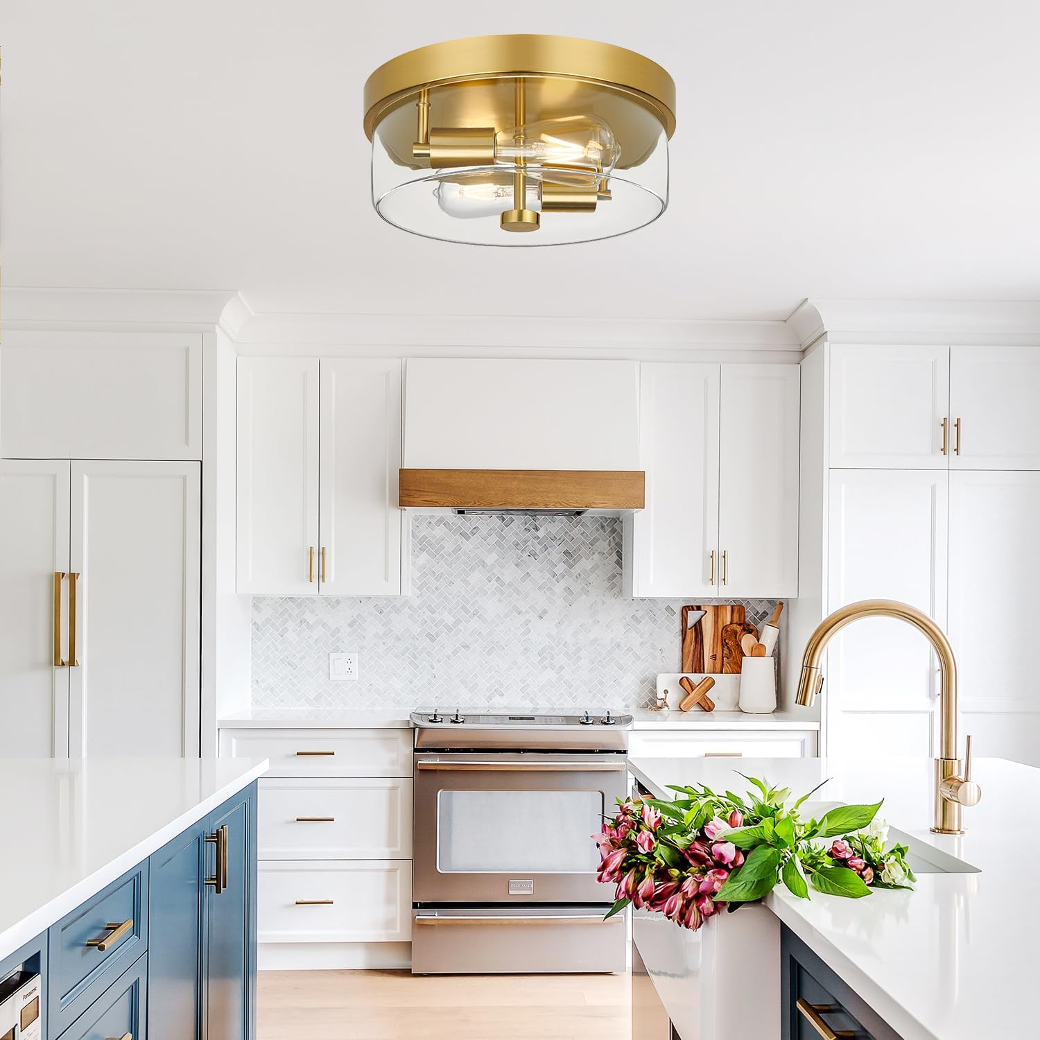 szzgco Flush Mount Ceiling Light Fixtures, 2-Light Gold Ceiling Mount for Farmhouse with Clear Glass Lampshade, Industrial Flush Mount Light Fixture Farmhouse for Hallway, Kitchen, Entryway and Foyer