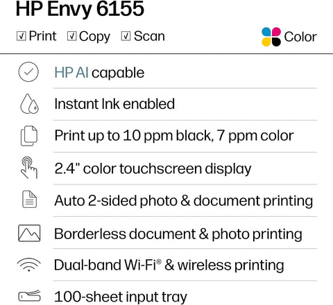 HP Envy 6155 Wireless All-in-One Color Inkjet Printer, Print, Scan, Copy, Duplex Printing Best-for-Home, 3 Month Trial of Instant Ink Included, AI-Capable (C2WR7A) Portobello