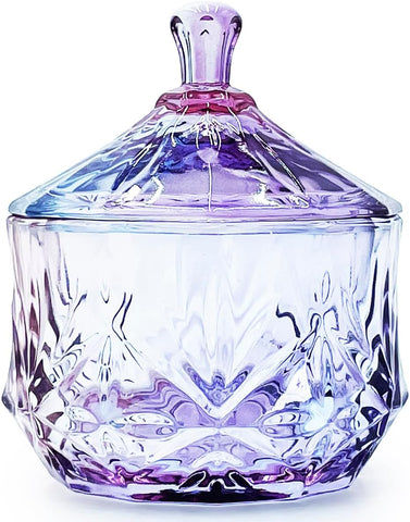 8oz Glass Candy Dish with Non-Airtight Lid,Small Crystal Chrismas Candy Jar,Cotton Round Holder,Office,Bathroom,Dining Room Organizer(Colorful Purple)