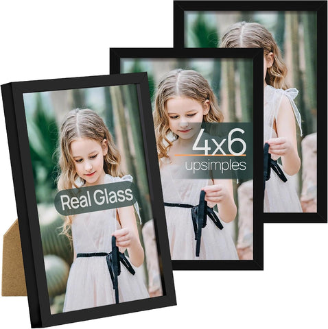 upsimples 4x6 Picture Frame Glass, Thin Border, Black Photo Frames, 3 Pack