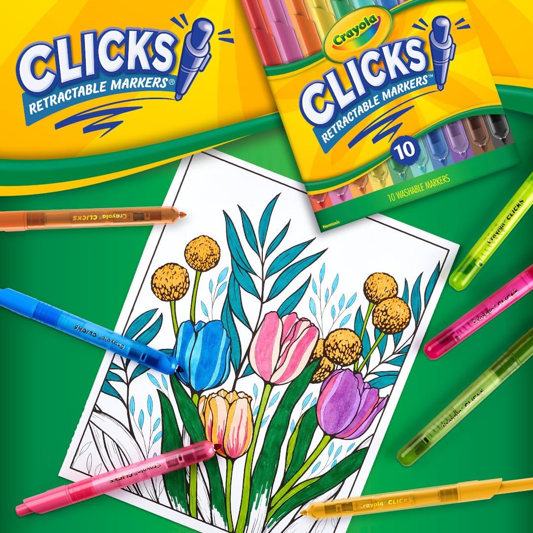 Crayola Clicks Retractable Tip Markers (10ct), Washable Cone Tip Art Marker Set, Cute Aesthetic School Supplies, Classroom Must Haves, Ages 3+ | Washable Cone Tip Art Marker Set, Cute Aesthetic School Supplies, Classroom Must Haves, Ages 3+