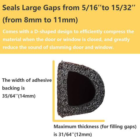 VITAM AMO Weather Stripping Seal Strip for Doors/Windows 18 Feet, Self-Adhesive Backing Seals Large Gap (from 5/16 inch to 15/32 inch), Easy Cut to Size