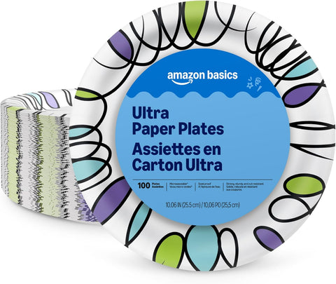 Amazon Basics Ultra Paper Plates, 10 Inch, Disposable, 100 Count, Packaging May Vary