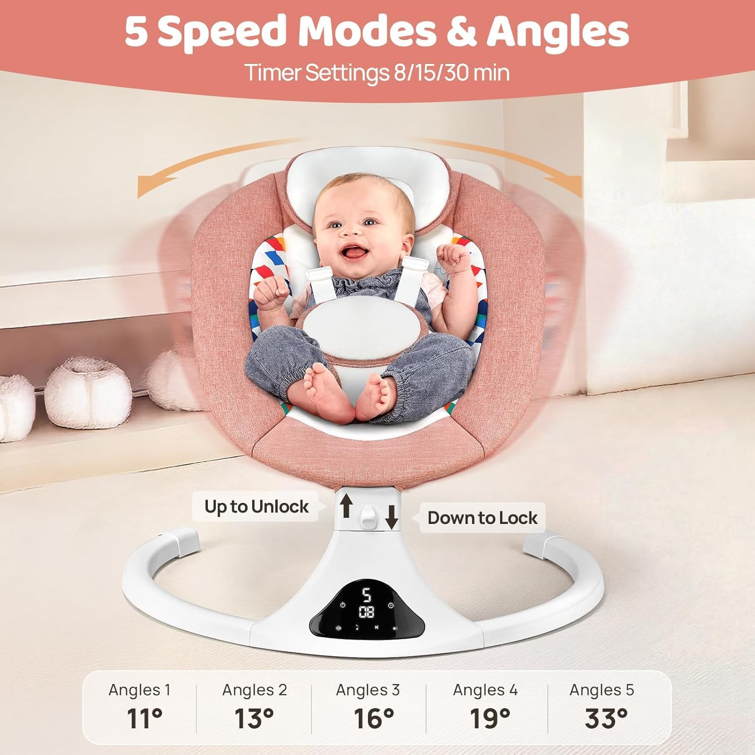 Baby Swings for Infants Remote Control 5-Speed Timer 12 Melodies Pink