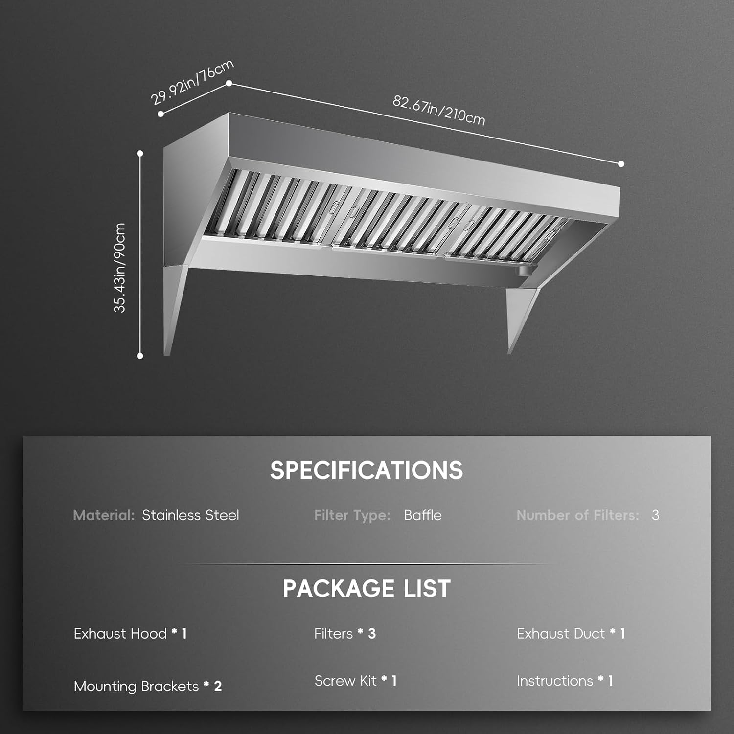 7FT Commercial Exhaust Hood with 3 Detachable U-shaped Grid Oil Filter Mesh