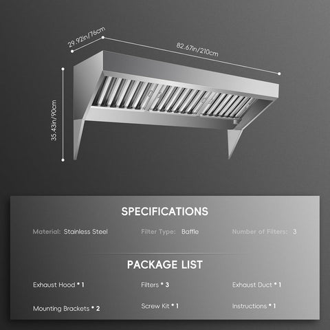 7FT Commercial Exhaust Hood with 3 Detachable U-shaped Grid Oil Filter Mesh