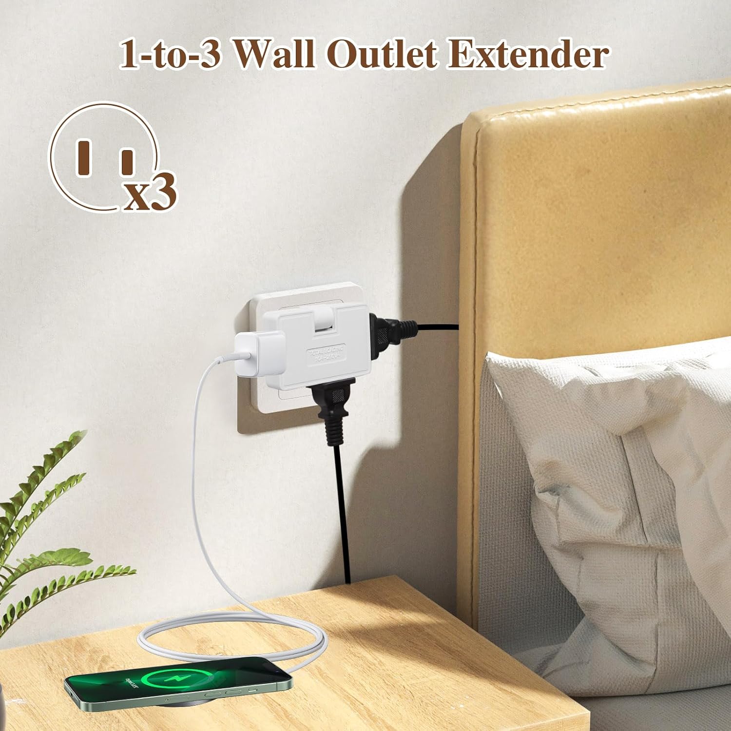 2 Pack 3 Way Flat Wall Outlet Extender Adapter- 180 Degrees Rotatable Flat Plug AC Adapter, 2 Prong Foldable Swivel Outlet Extender, Outlet Splitter for Behind Furniture (White, Type A)