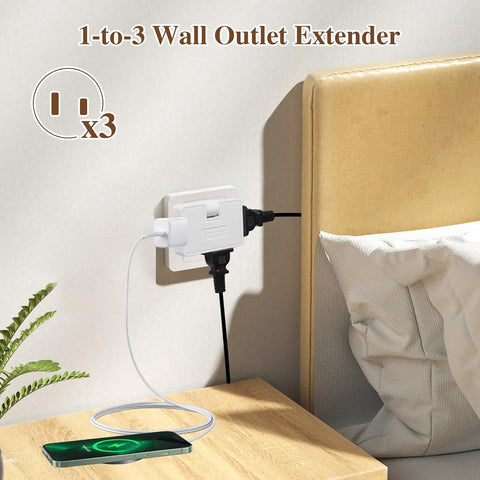 2 Pack 3 Way Flat Wall Outlet Extender Adapter- 180 Degrees Rotatable Flat Plug AC Adapter, 2 Prong Foldable Swivel Outlet Extender, Outlet Splitter for Behind Furniture (White, Type A)