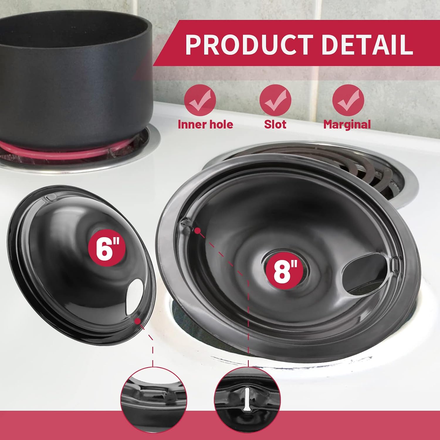 GE Black Stove Drip Pans, 10% Energy Save by Enamel Spraying Prevent Bending and Rust - Include 3Pcs 6'' Burner Drip Pans and 1Pcs 8'' Drip Bowl