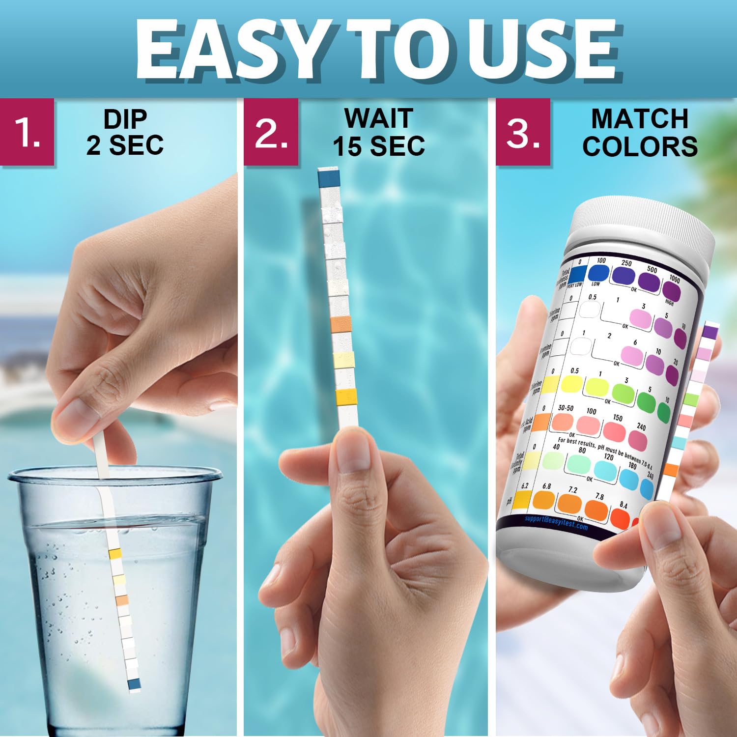 EASYTEST 7-Way Pool Test Strips, 150 Strips Water Test for Hot tub and Spa