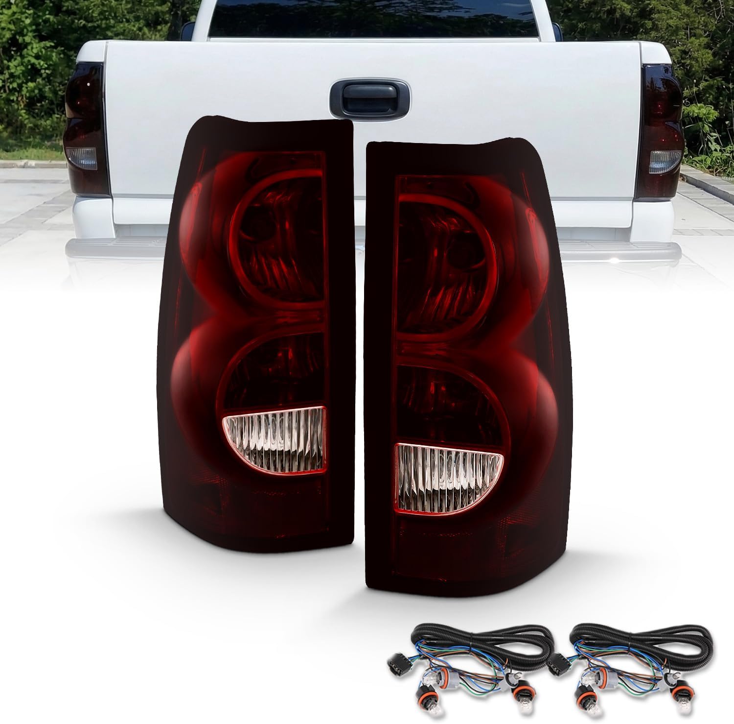 AmeriLite Dark Red Smoke Tint Replacement Tail Lights For 2003-2006 Chevy Silverado Truck - w/Bulb and Harness Brake Lamp Pair