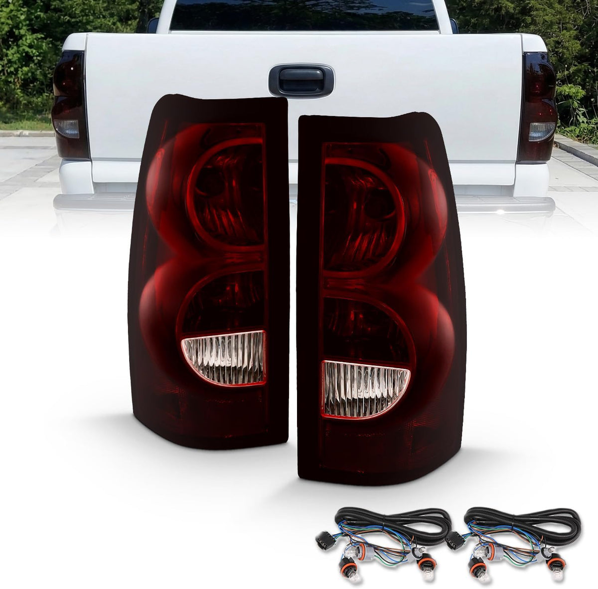 AmeriLite Dark Red Smoke Tint Replacement Tail Lights For 2003-2006 Chevy Silverado Truck - w/Bulb and Harness Brake Lamp Pair