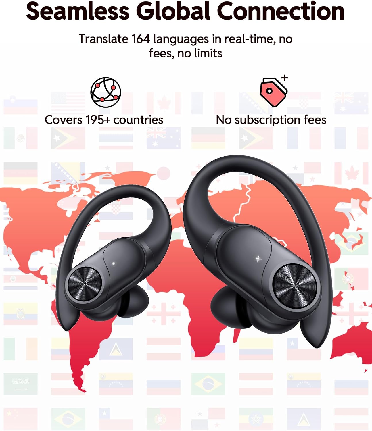 PocBuds Bluetooth Headphones Wireless Earbuds 80hrs Playtime Wireless Charging Case Digital Display Sports Ear Buds with Earhook Deep Bass IPX7 Waterproof Over-Ear Earphones for TV Phone Laptop Black