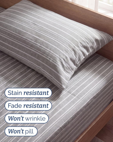 Twin Size 3 Piece Sheet Set - Breathable & Cooling Sheets - Grey Stripes