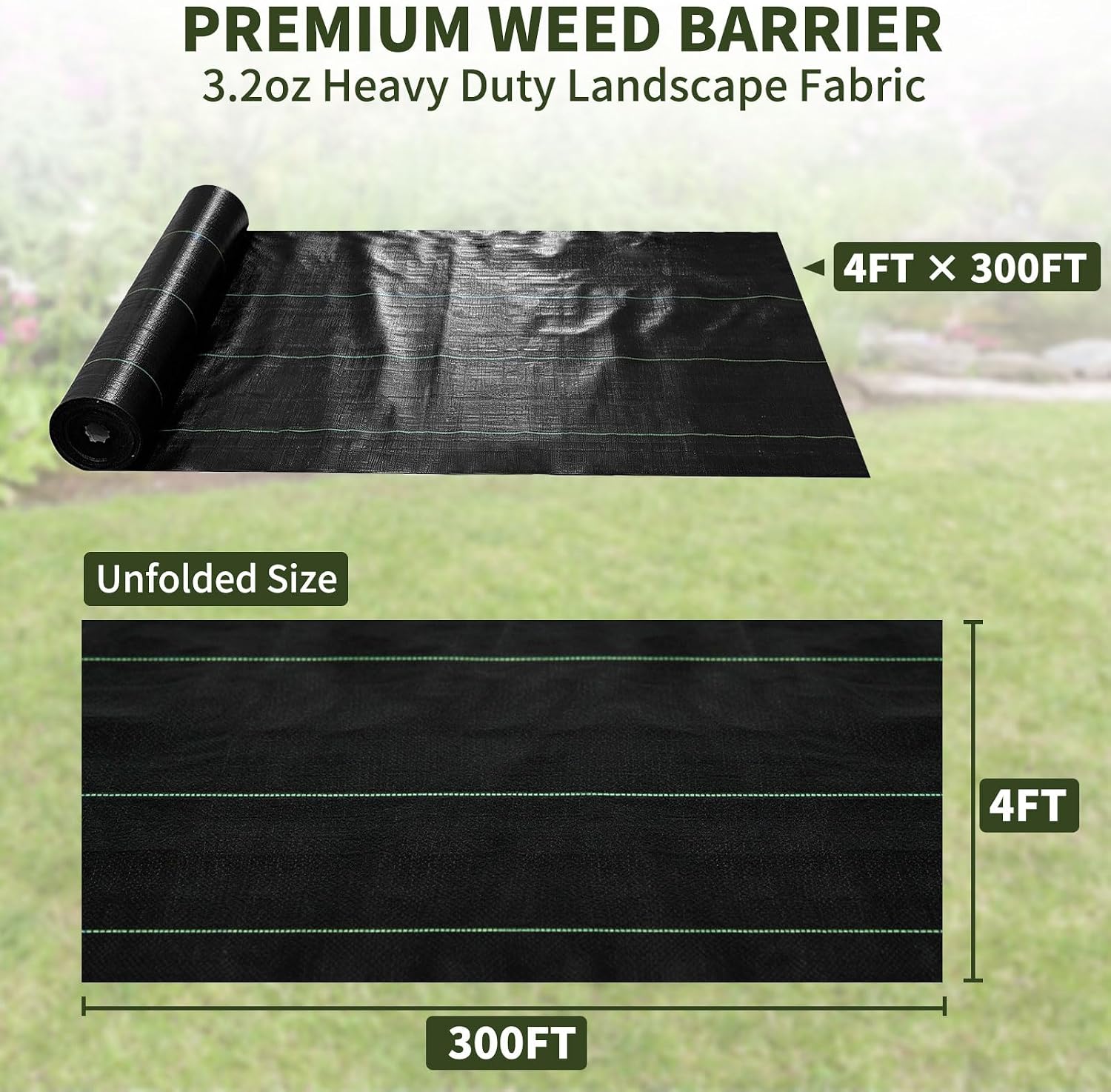 EXTRAEASY 4ft x 300ft Weed Barrier Fabric, Heavy Duty Landscape Fabric, 3.2oz Weed Control Fabric, Tear-Resistant Weed Blocker Ground Cover for Garden, Gravel, Driveway, Flower Bed
