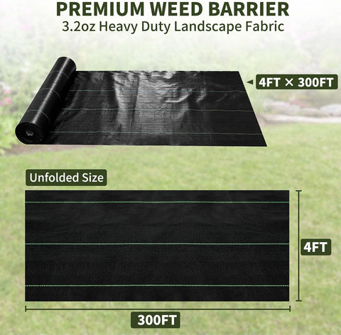 EXTRAEASY 4ft x 300ft Weed Barrier Fabric, Heavy Duty Landscape Fabric, 3.2oz Weed Control Fabric, Tear-Resistant Weed Blocker Ground Cover for Garden, Gravel, Driveway, Flower Bed
