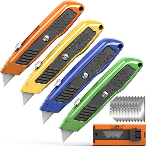 HORUSDY 4-Pack Box Cutter Utility Knife, Heavy Duty Aluminum Shell Retractable Box Cutter for Cardboard, Boxes and Cartons, Extra 10 Blades