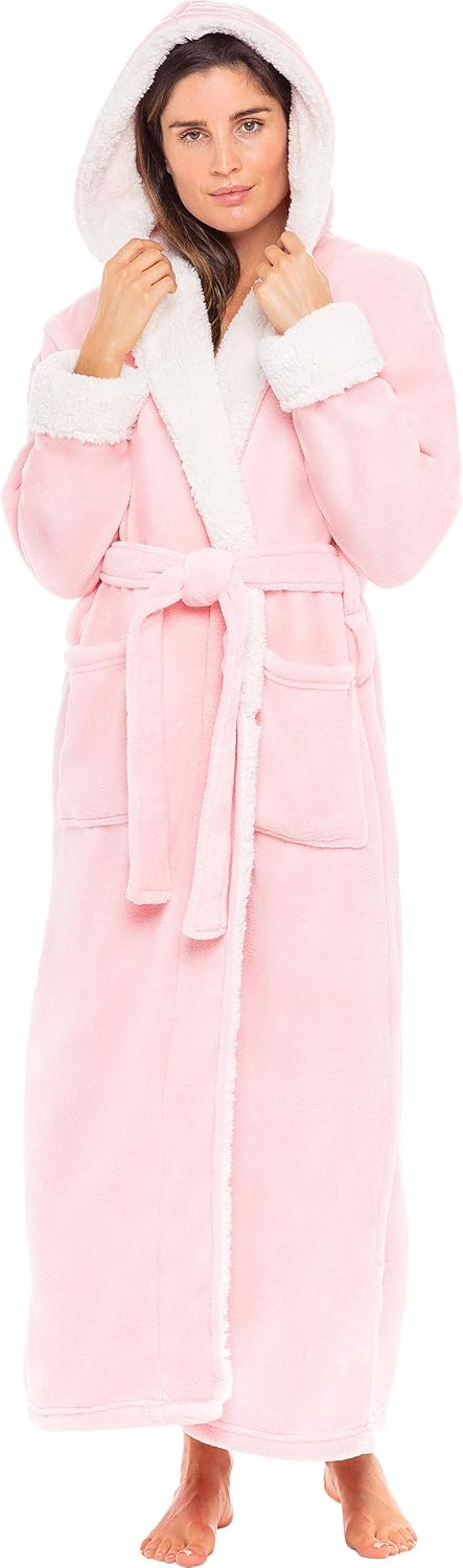 Women's Long Sleeve Sherpa Hooded Robe, Full Length Bathrobe