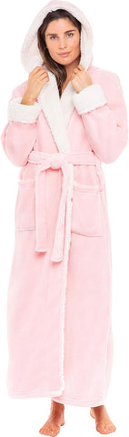 Women's Long Sleeve Sherpa Hooded Robe, Full Length Bathrobe