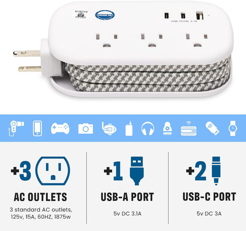 Cruise Approved Power Strip Non Surge Protector - 3.3 ft Wrapped Travel Extension Cord, 2 USB-C, 1 USB, 3 AC Outlet, Cruise Ship Essentials for Carnival, Princess & Major Lines in 2026 & 2027