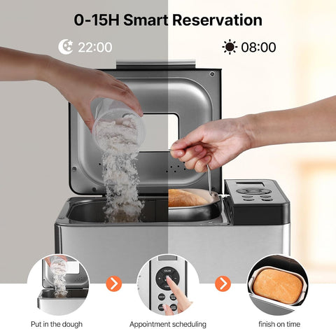 VEVOR Bread Maker, 19-in-1 2LB Dough Machine, Nonstick Ceramic Pan Automatic Breadmaker with Gluten Free Setting, Whole Wheat Bread Making, Digital, Programmable, 3 Loaf Sizes, 3 Crust Colors