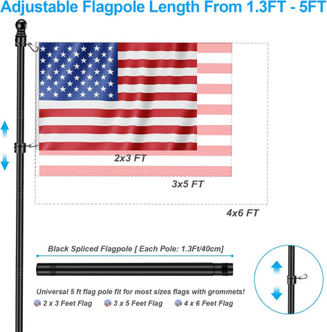 5 FT House Flag Pole Kit, 1" Spinning Thicken Stainless Steel Metal Flagpoles for Outside House Porch Post Wall Mount with 2-Position Flagpole Holder Bracket & 360° Flag Ring for 3x5 Flag(5 FT, Black)