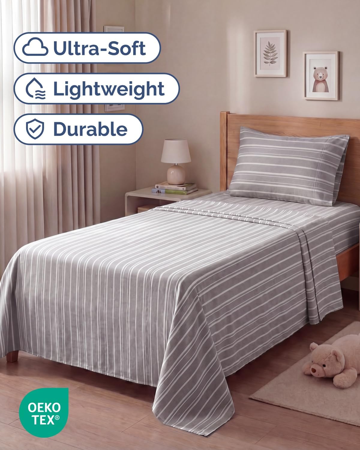 Twin Size 3 Piece Sheet Set - Breathable & Cooling Sheets - Grey Stripes