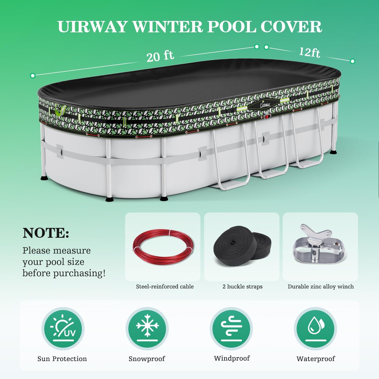 UIRWAY Upgraded 12x20 ft Oval Winter Pool Cover- 185gsm Heavy Duty Fabric Pool Cover for Above Ground Pools, Ultimate Windproof with 2 Buckle Straps & Winch and Cable Set, Cold and UV Resistant