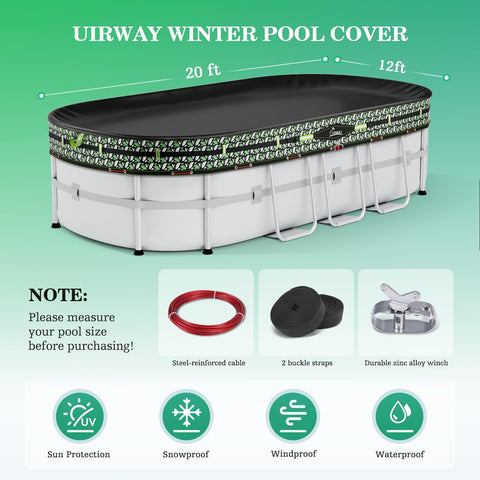 UIRWAY Upgraded 12x20 ft Oval Winter Pool Cover- 185gsm Heavy Duty Fabric Pool Cover for Above Ground Pools, Ultimate Windproof with 2 Buckle Straps & Winch and Cable Set, Cold and UV Resistant
