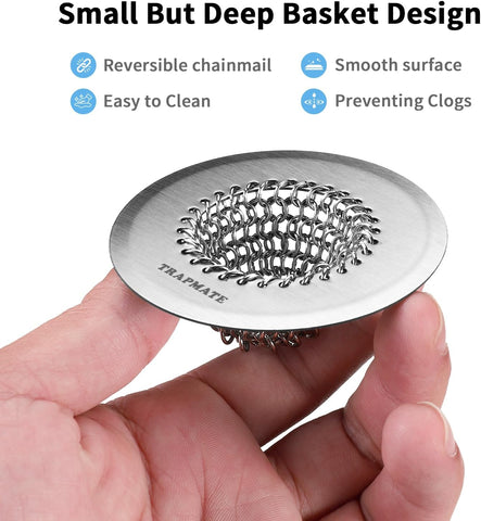 TRAPMATE Bathtub Stopper Drain Strainer Kit, Easy Clean Tub Shower Drain Hair Catcher, Anti-Clog Stainless Steel Sink Cover, Drain Protector for Bathroom Sink & Wash Basin (Patented Product)