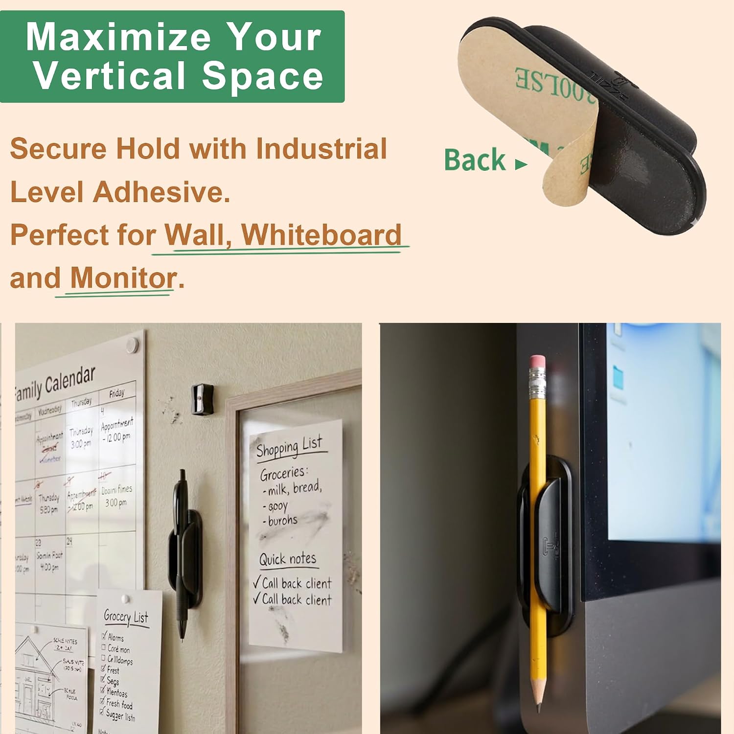 Tiizze 10 Pack Adhesive Pencil Holder for Desk, Silicone Pen Holder for Wall, Clipboard & Laptop with 15 Upgraded Sticky Pads, Rugged Grip Pencil Holders for Classroom Teacher Essentials (Black)