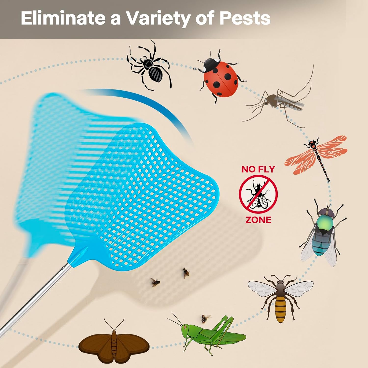 Telescopic Fly Swatter, Begonia Fly Swatter for Indoors,Manual Plastic Flyswatter Heavy Duty with Stainless Steel Telescopic Handle (3 Pack)