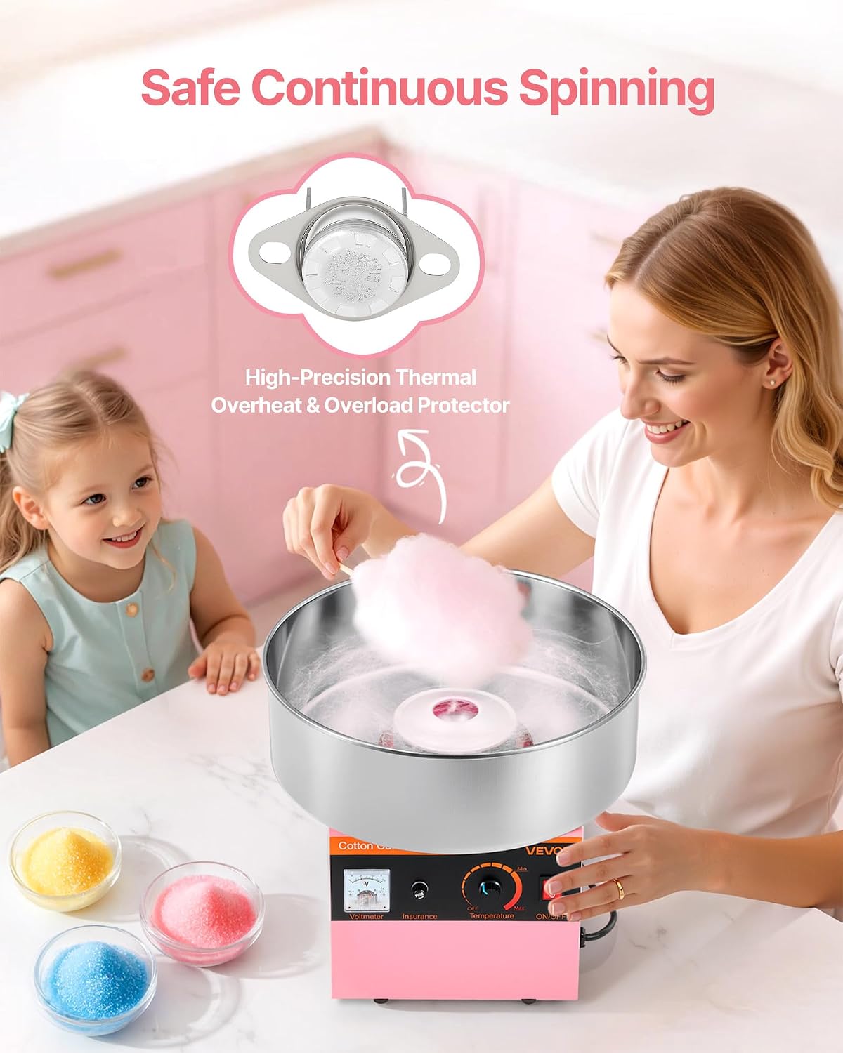 VEVOR Cotton Candy Machine Commercial, 1000W Electric Candy Floss Maker, Easy Use with 15 inch Stainless Steel Bowl and Sugar Scoop, Makes Hard Candy for Home Kids Birthday, Family Party, Pink