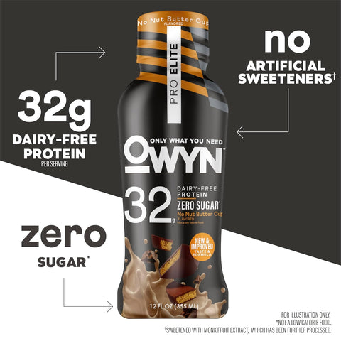 OWYN Only What You Need 32g No Nut Buttercup Flavored Protein Shake, 12 Ct | 32g Protein, Zero Sugar, 3g Fiber, Dairy Free, Plant Protein, Gluten Free, Individual 12fl oz Bottles