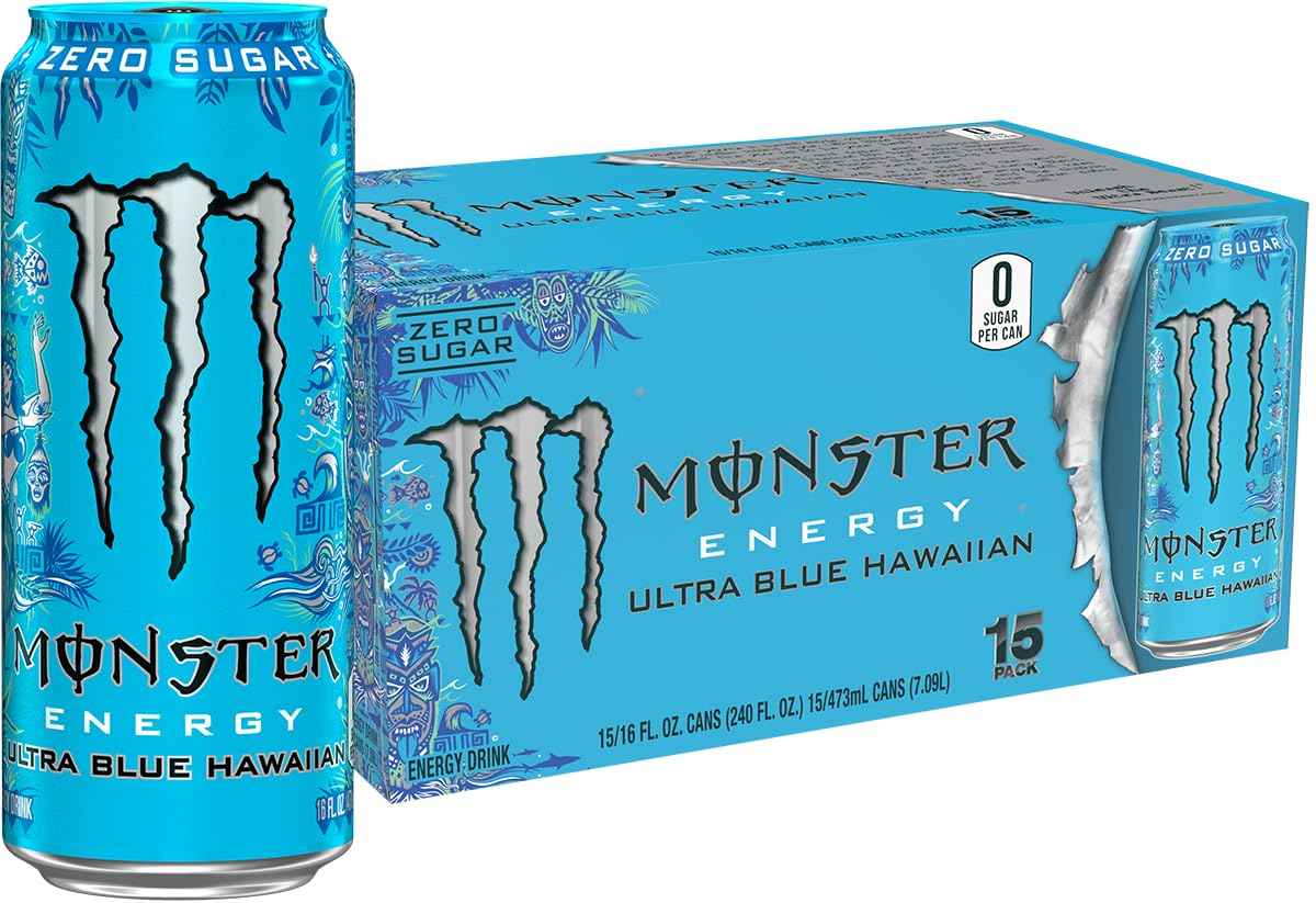Monster Energy Ultra Blue Hawaiian, Sugar Free Energy Drink, 16 Ounce | Pack of 15