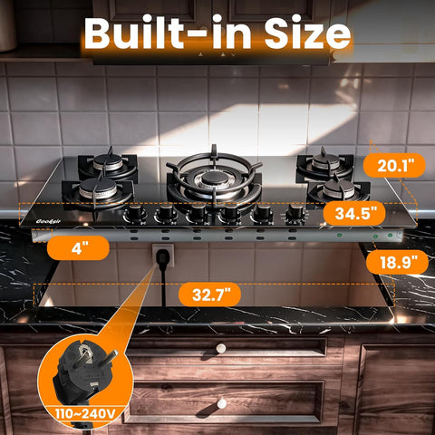 36 Inch Gas Cooktop - 5 Burner Built-in Glass Propane Stove, Indoor Gas Cooktop NG/LPG Convertible with Thermocouple Protection, Suitable for Kitchen, Apartment, RV, 110-120V Plug in