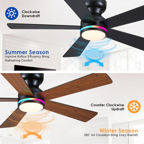 Brown RGB Ceiling Fans with Lights - 46" Flush Mount Ceiling Fan with Remote APP, RGB+3CCT Dimmable Led Light, Reversible 6 Wind Speeds&2H Timer, Low Profile Modern Fan Light Fixture for Bedroom Party