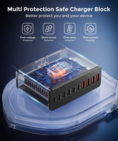 USB C Charging Station 10 Port with 4 Cables,245W GaN Charger Block