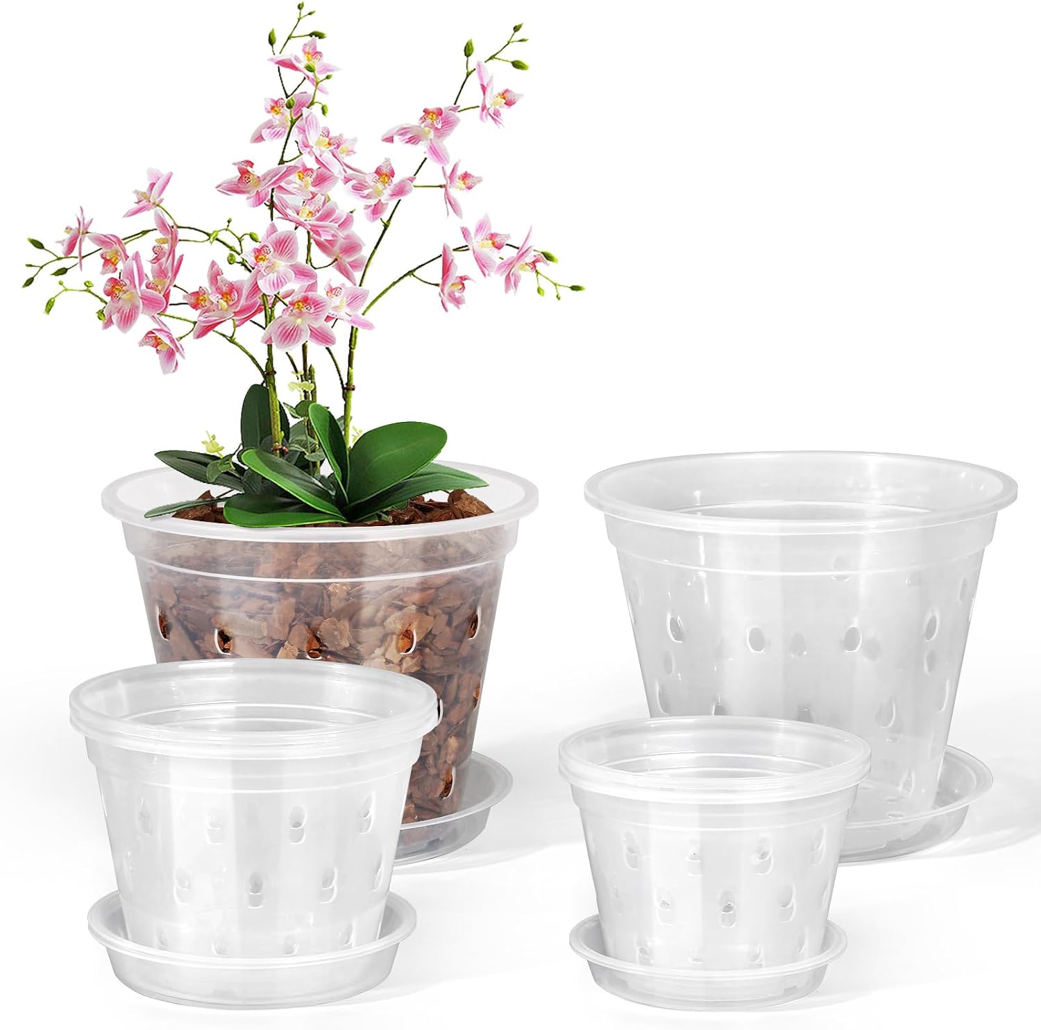 FUIJOL Orchid Pot, 6 Pack 456 Inch Clear Orchid Pots with Holes and Saucers for Repotting, Breathable Slotted Plastic Orchid Planters with Drainage for Root Health Indoor Outdoor (456 inch)