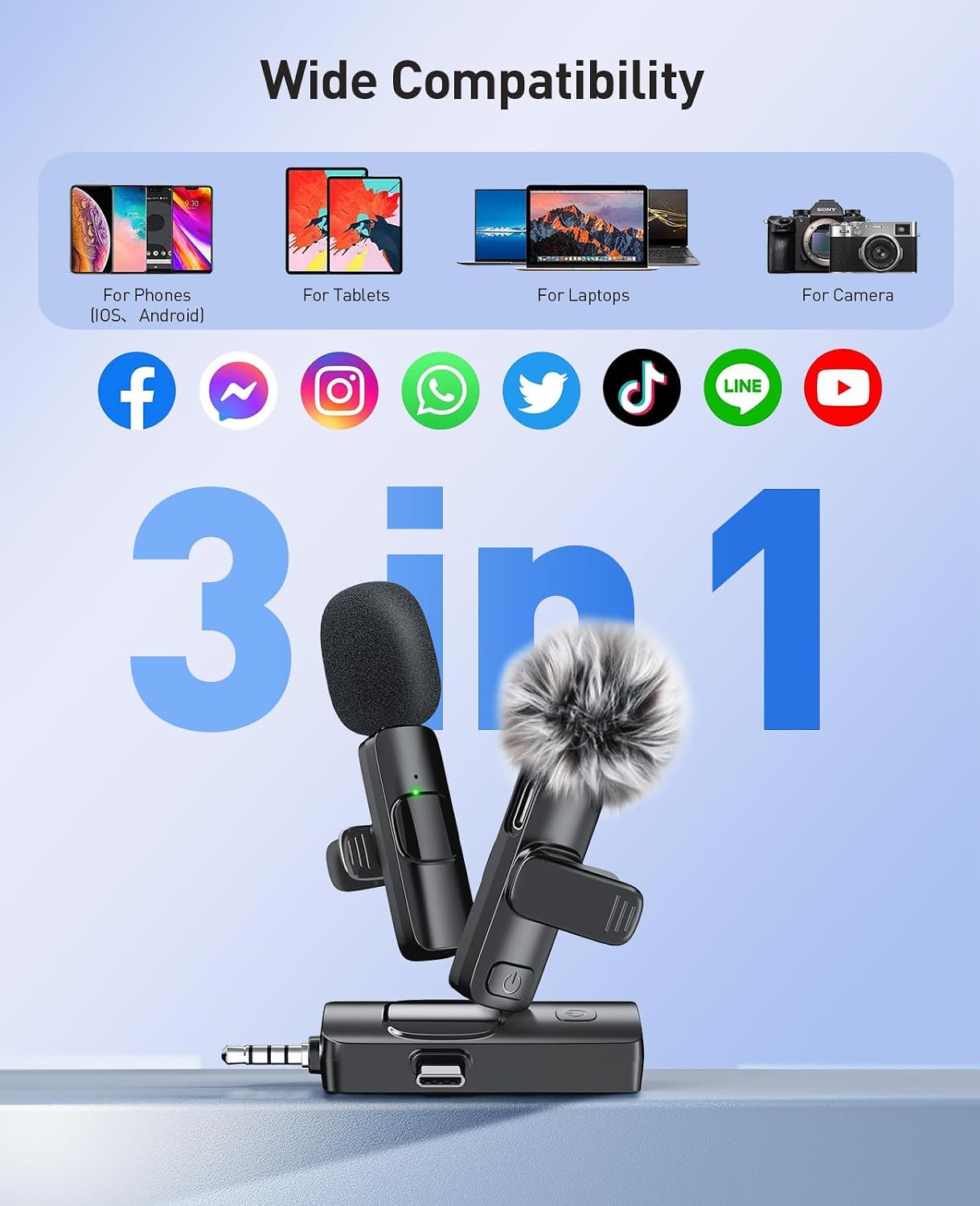 MENERESAS 3-in-1 Mini Microphone for iPhone: Wireless Lavalier Microphone with 80ft Range & 15H Battery - Noise Reduction Lapel Mic, Real-Time Monitoring for Video Recording Power Conditioners
